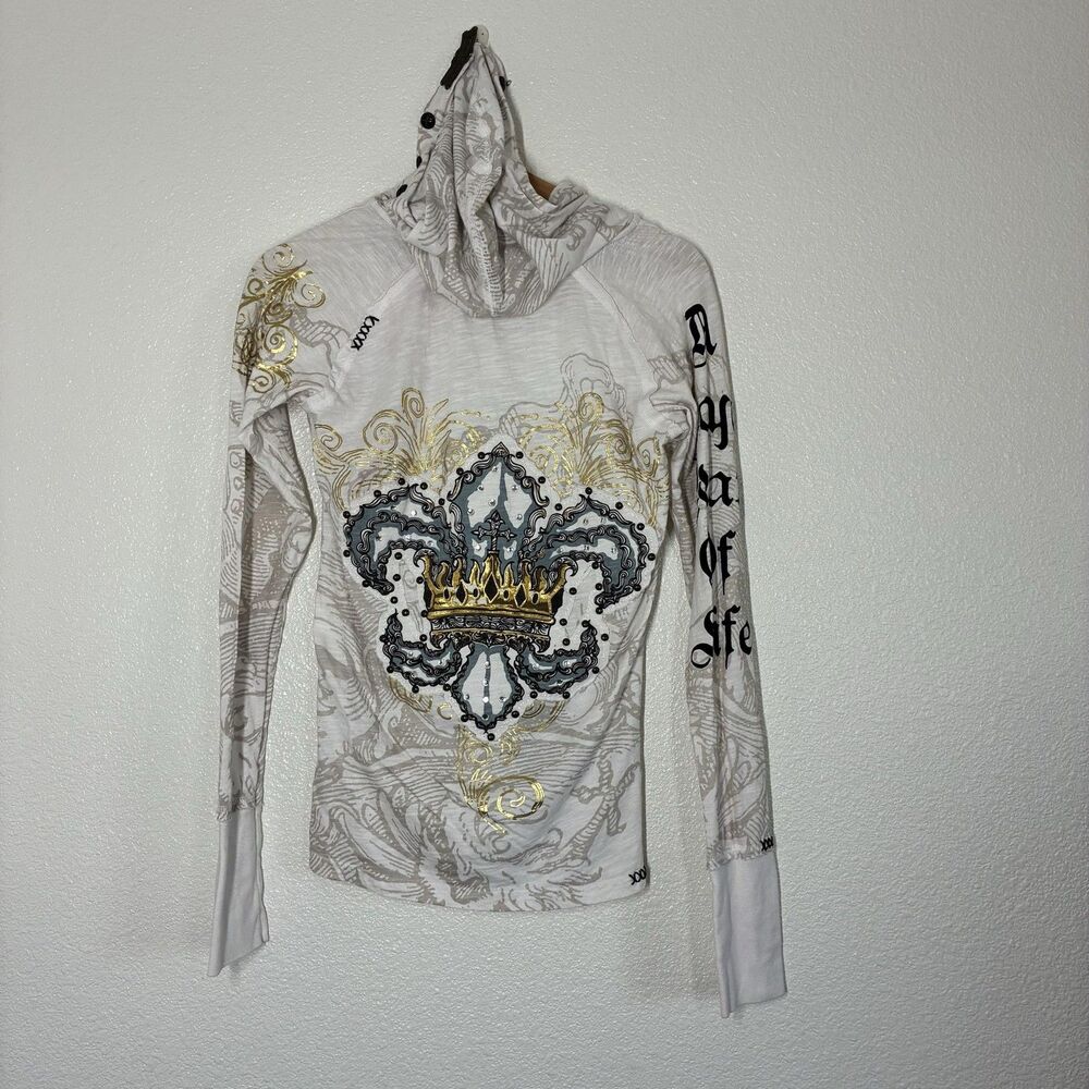 Rebel Spirit Shirt Mens XL White Royalty Hooded Long Sleeve Graphic Tee Crown